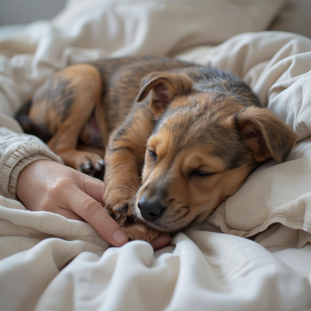 Puppy Sleeping Next to Owner in Bed