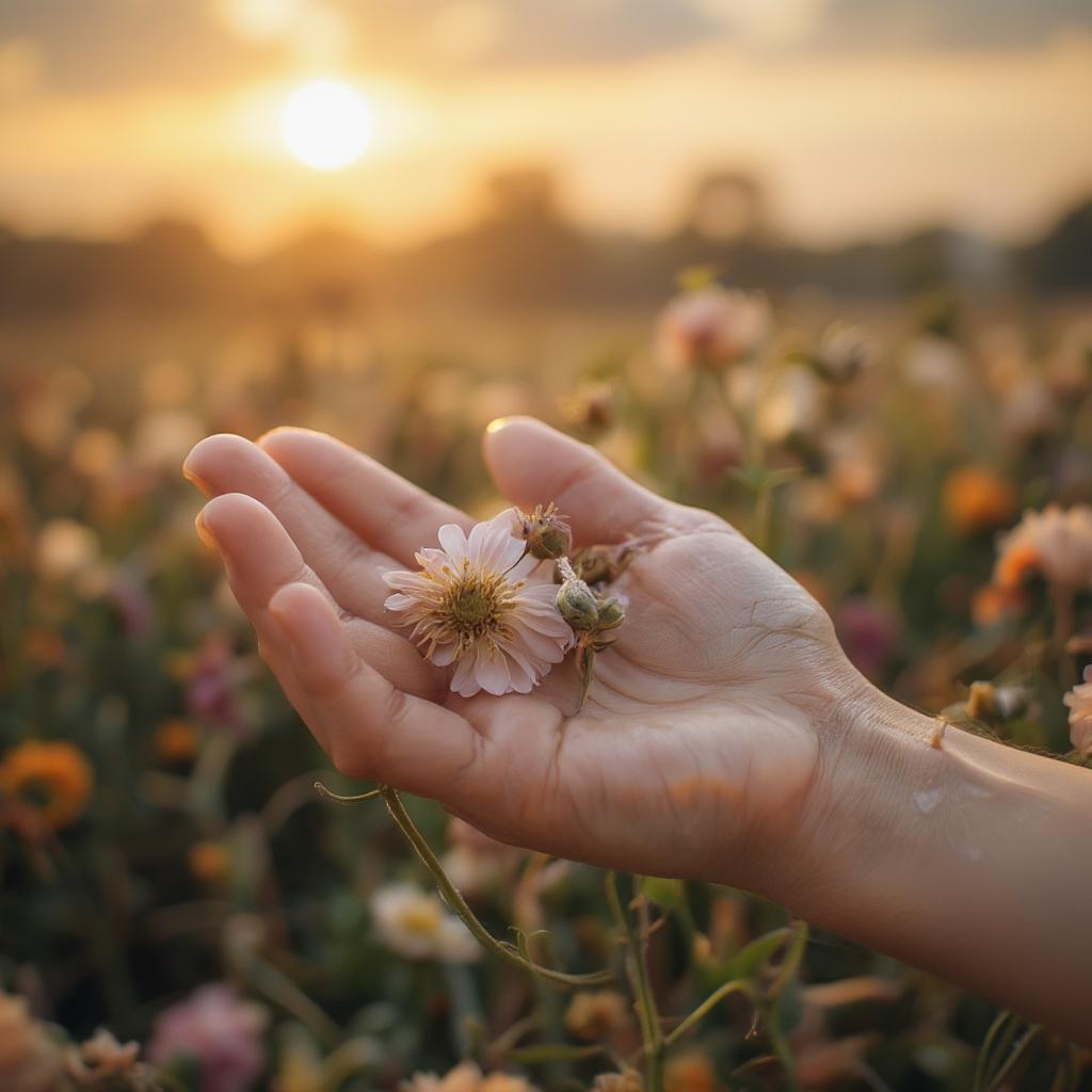 Quotes for Loved Ones Lost: A comforting image of a hand holding a wilting flower, symbolizing the fragility of life and the enduring power of love in the face of loss. The background is a soft, blurred sunset, evoking a sense of peace and remembrance.