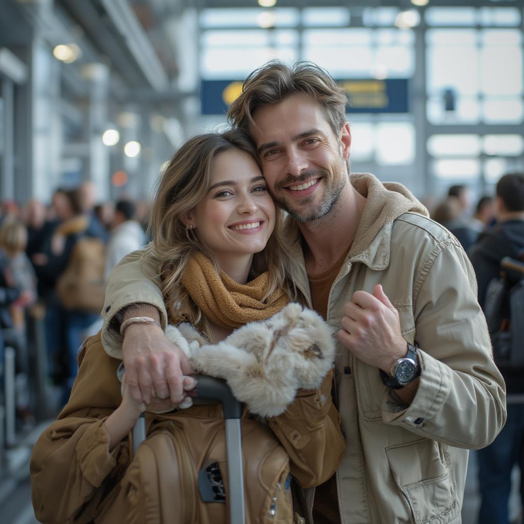 Reunion Love Quotes After Distance: A Couple Embracing Joyfully at an Airport