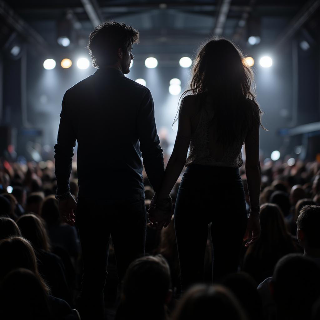 Silhouette of a couple at a rock concert holding hands