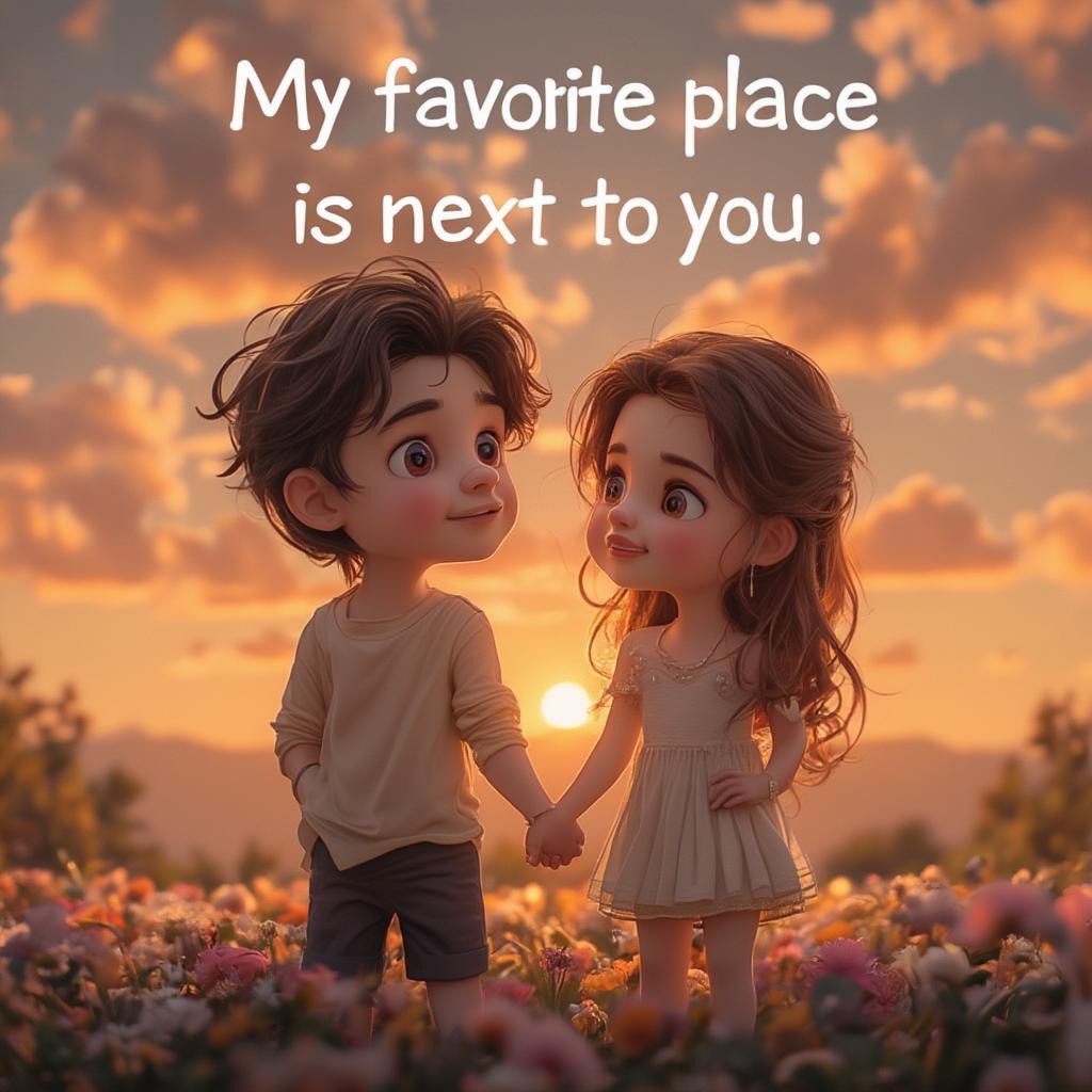 Romantic Cartoon Couple Watching Sunset with Quote