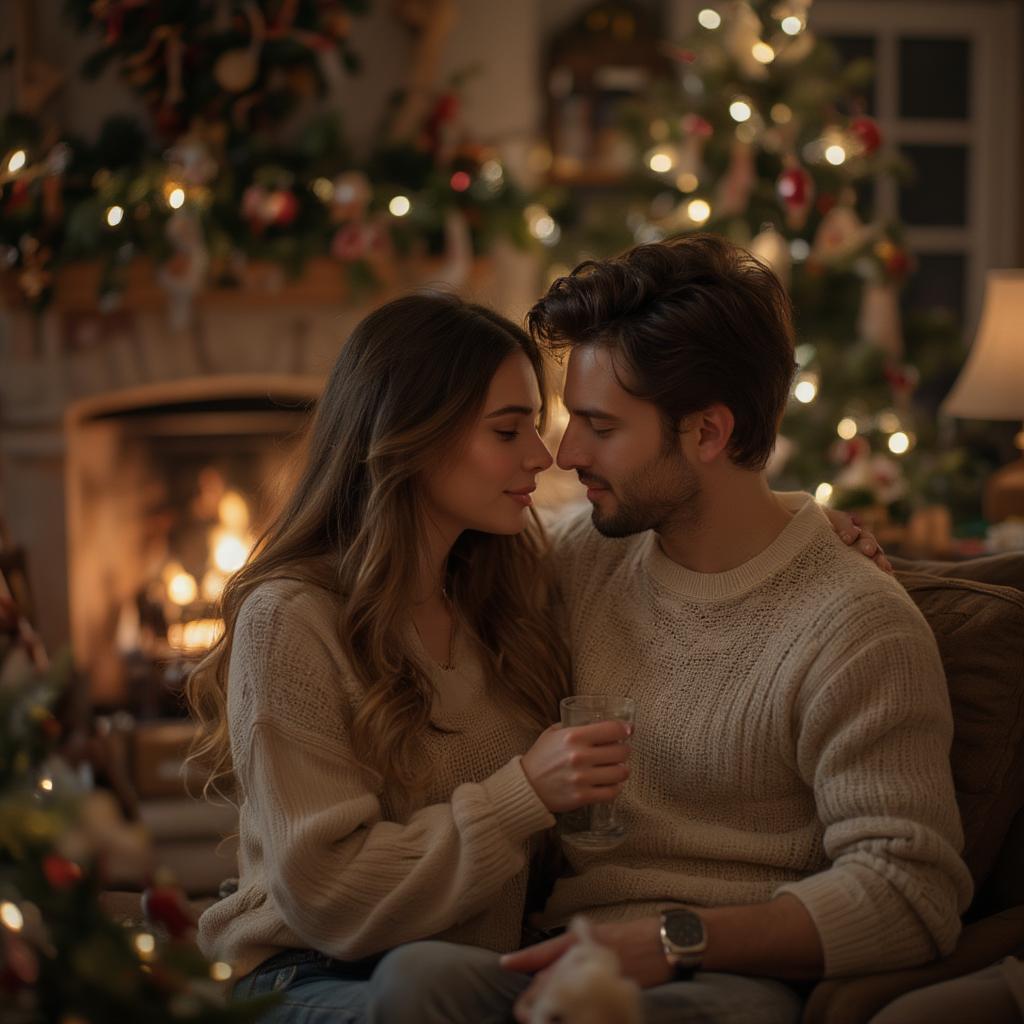 Romantic Christmas Couple by the Fireplace