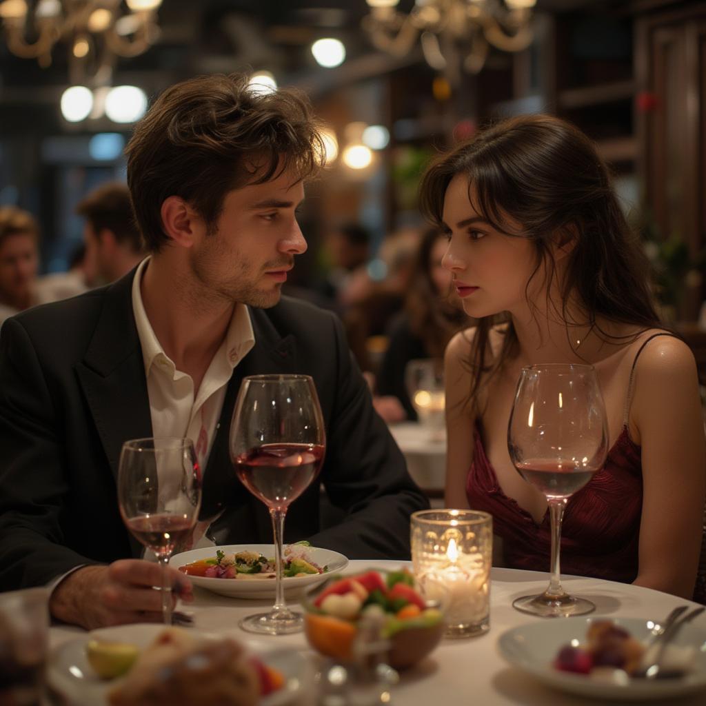 A man and woman on an awkward first date, with the man spilling a drink on himself as the woman looks on in amusement.