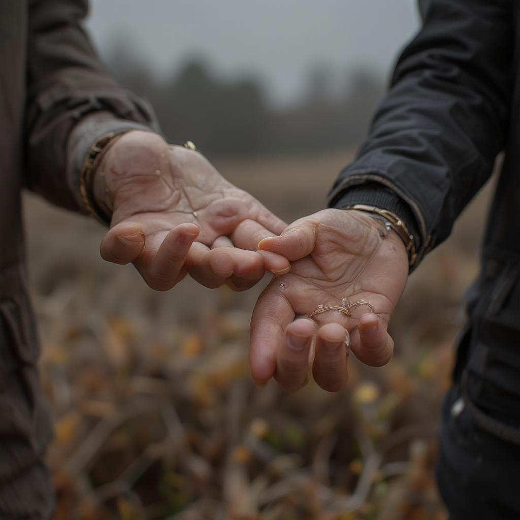 A close-up shot of a couple holding hands, with a soft focus on their intertwined fingers, symbolizing their love and connection.