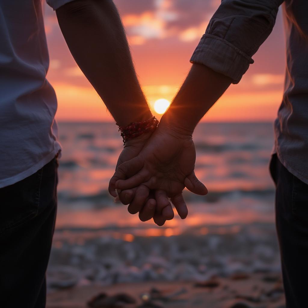 Couple holding hands at sunset on the beach