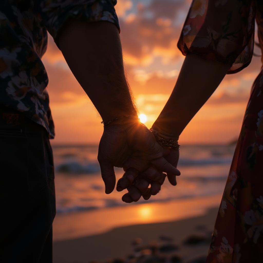 Romantic couple holding hands at sunset on a beach