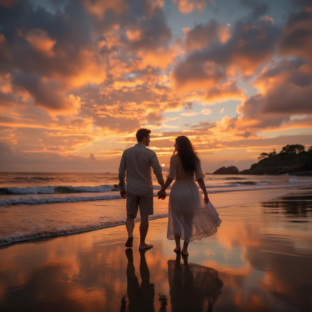 Couple holding hands at sunset on a beach