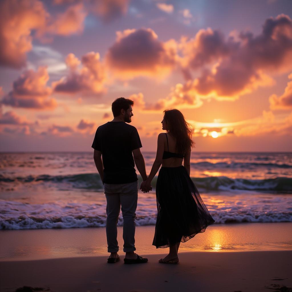 Couple sharing a romantic sunset on the beach