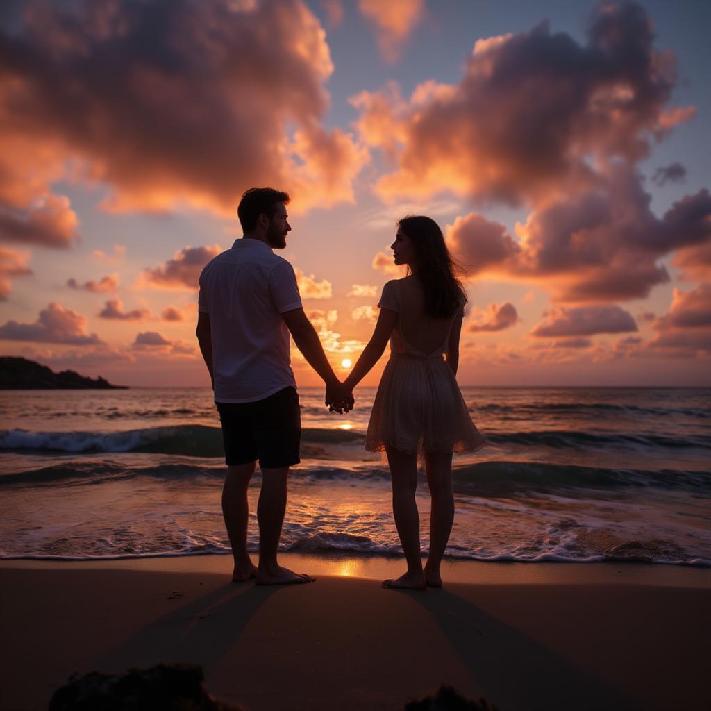 Couple sharing a romantic sunset on the beach