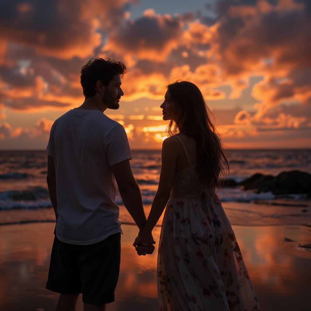 Couple Sharing a Romantic Sunset at the Beach