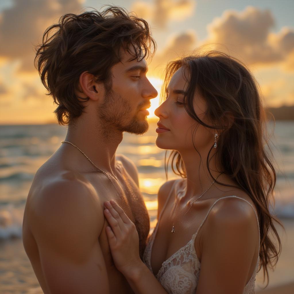 Couple sharing a romantic moment at sunset on the beach