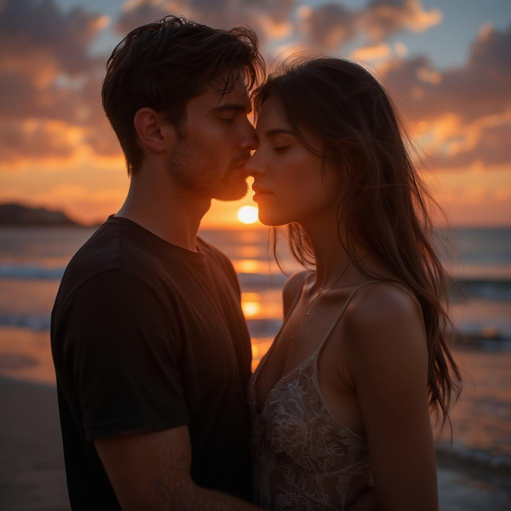 Couple Silhouetted Against a Sunset on the Beach