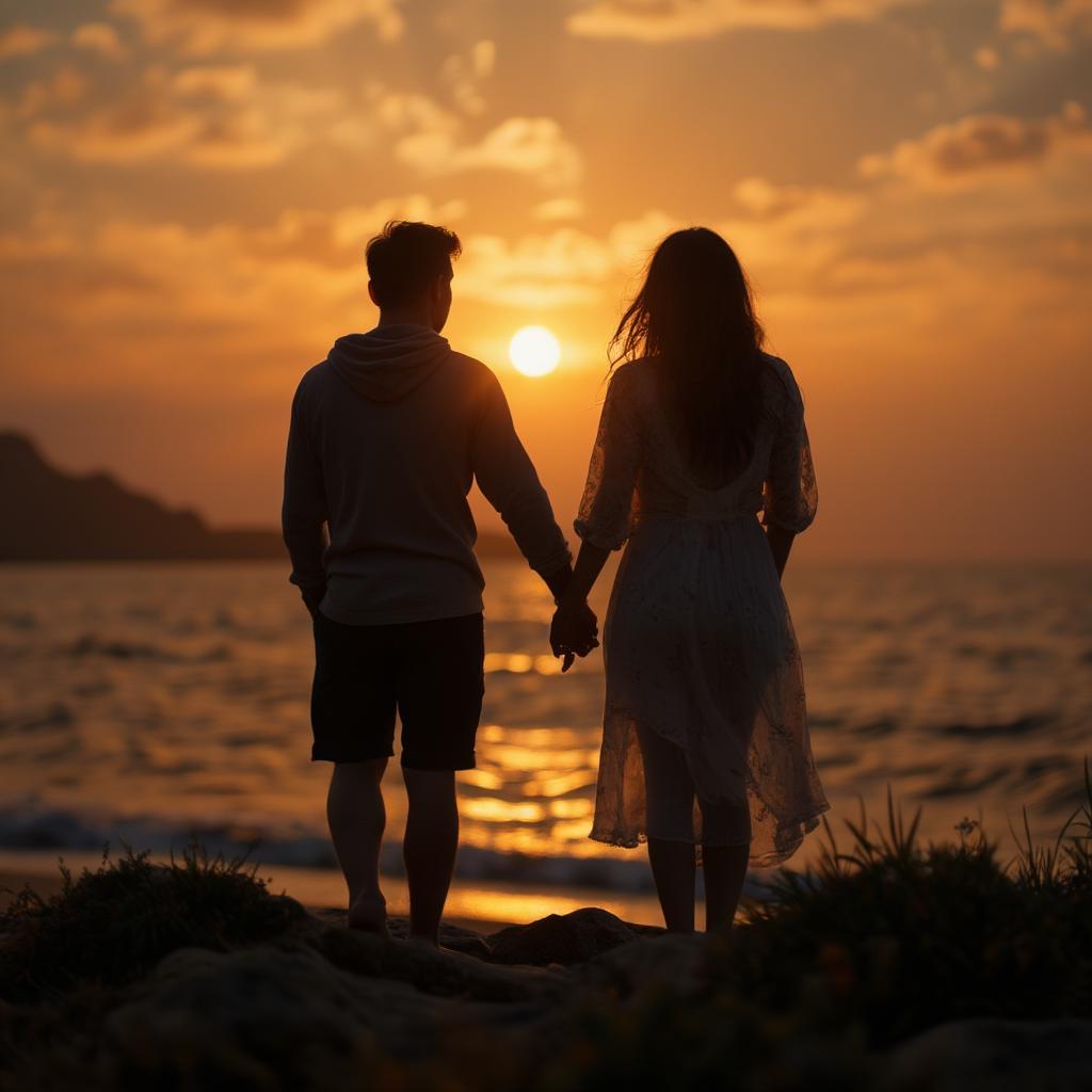 Couple Silhouetted Against a Sunset on the Beach