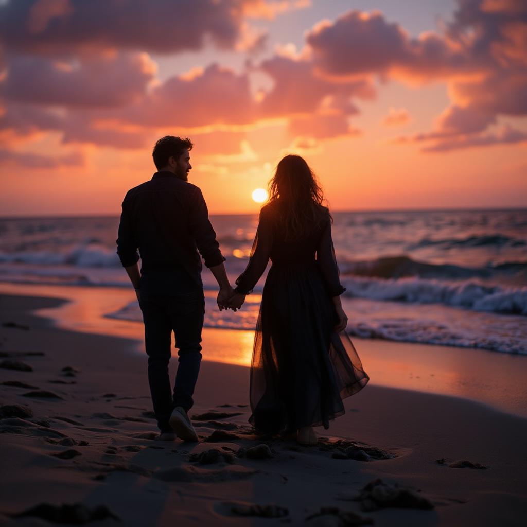 A romantic couple silhouette against a vibrant sunset on a beach