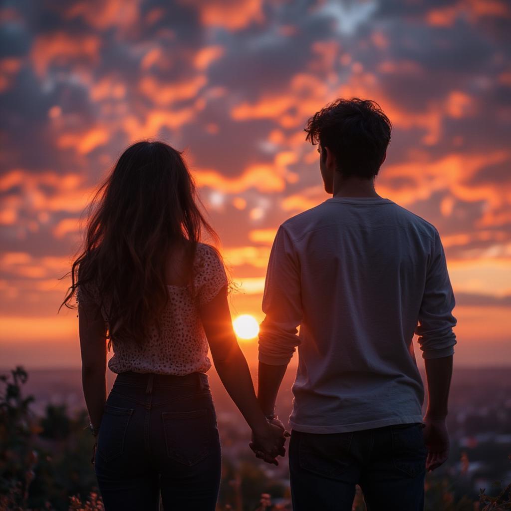 Couple Silhouetted Against a Sunset, Sharing a Romantic Moment