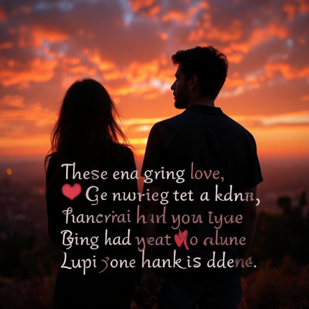 Couple Silhouetted Against a Sunset with a Hindi Love Quote Overlay