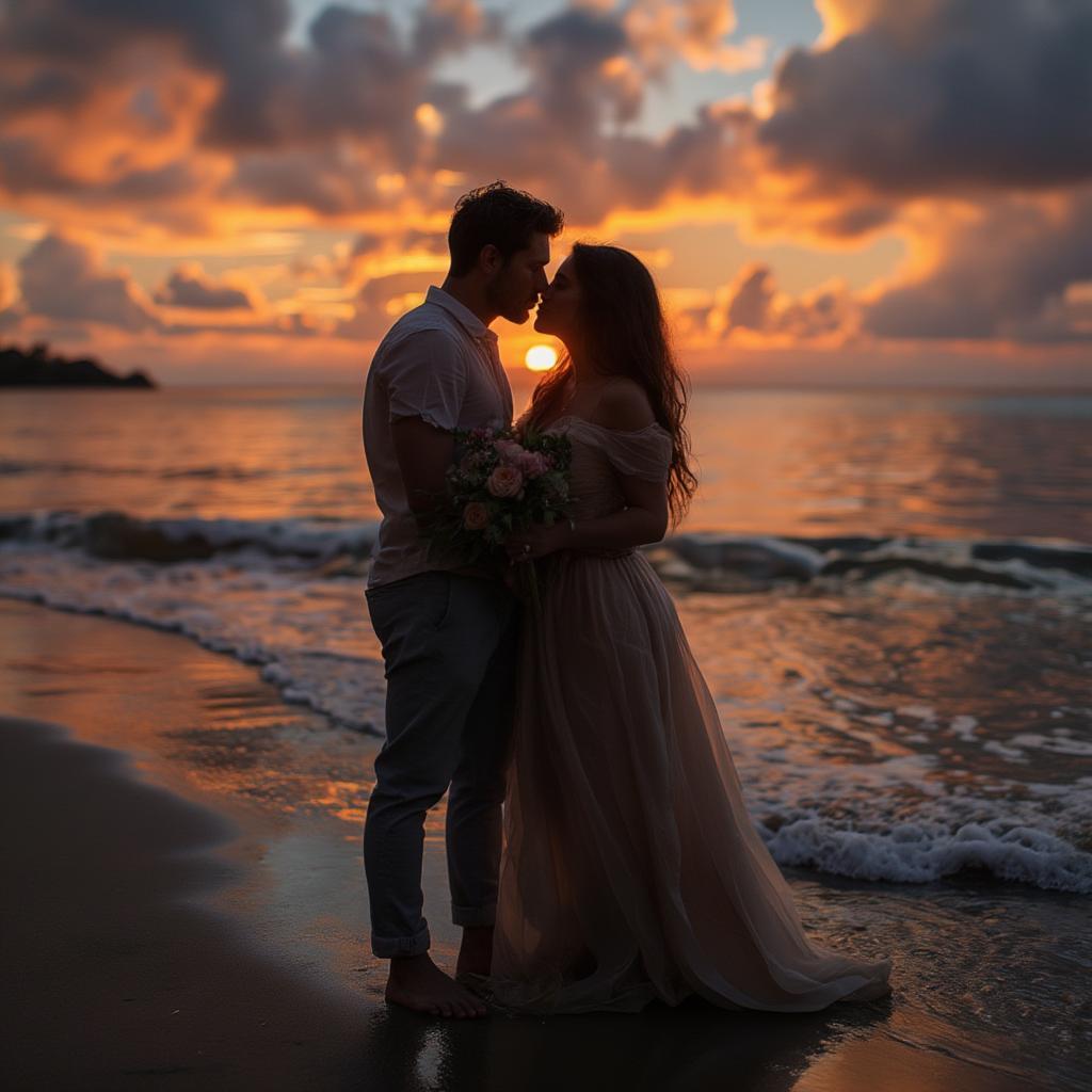 Couple Kissing at Sunset on the Beach