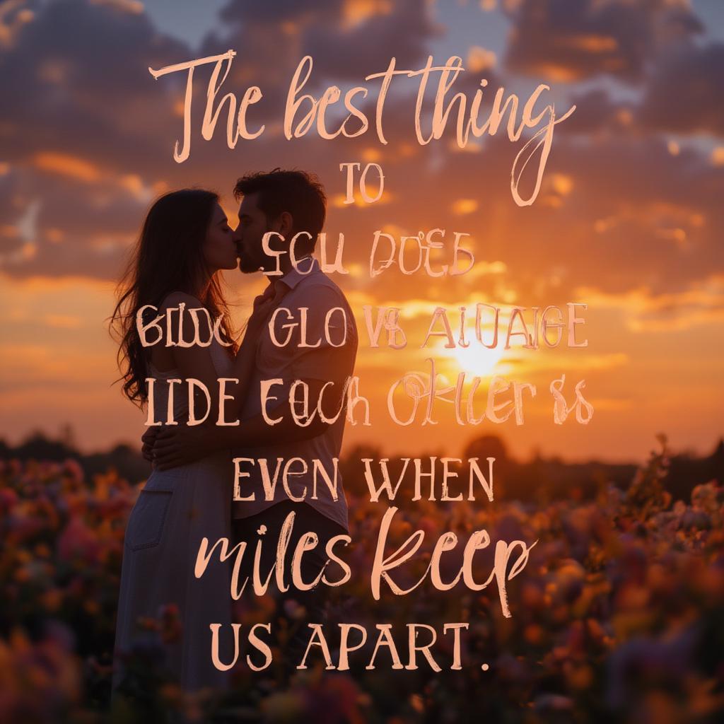 Silhouette of a couple kissing against a sunset with a romantic quote.