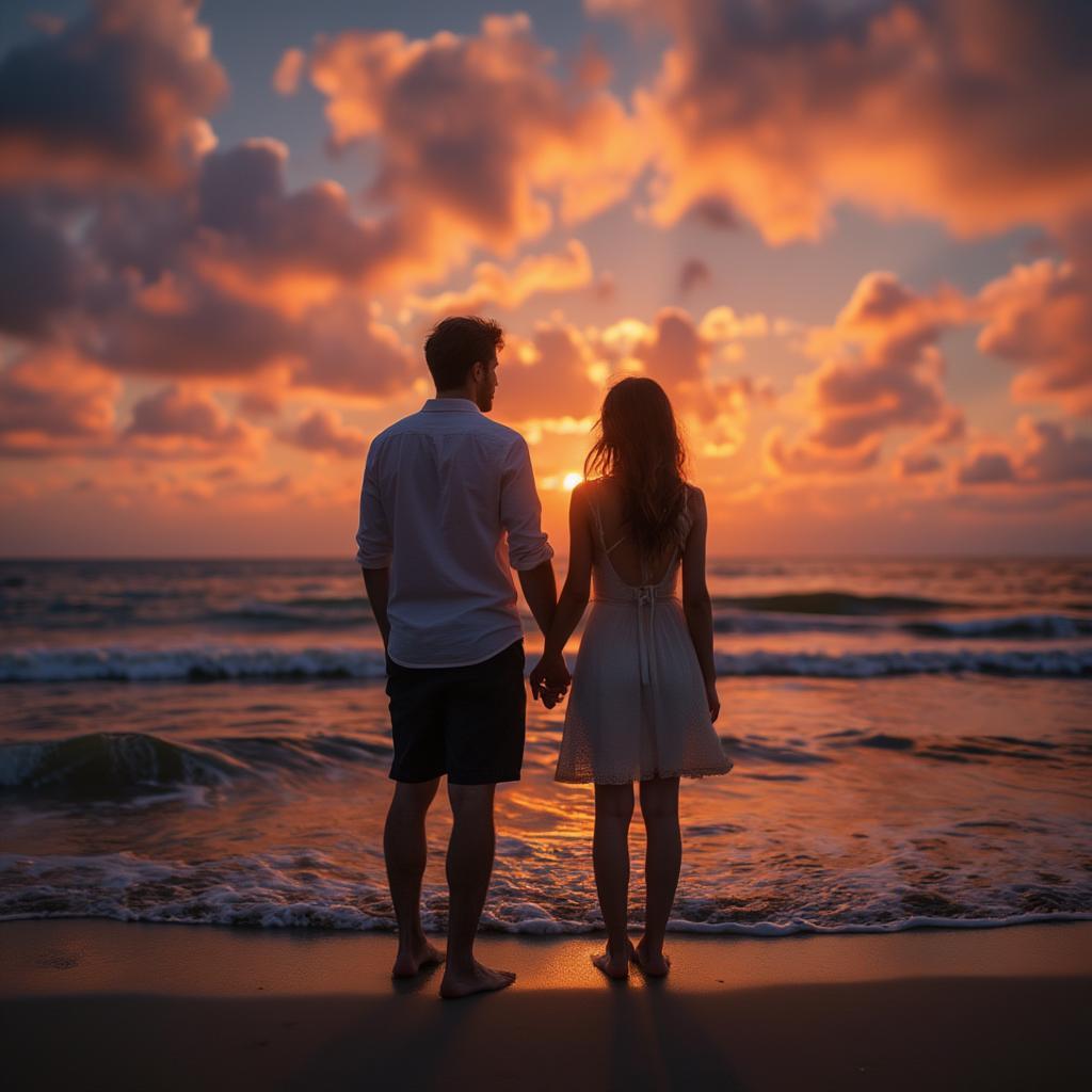 Couple watching sunset, sharing a romantic moment.