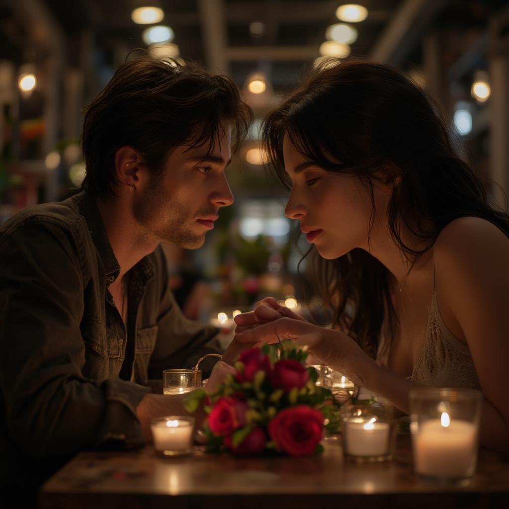 Couple enjoying a romantic candlelit dinner, holding hands across the table