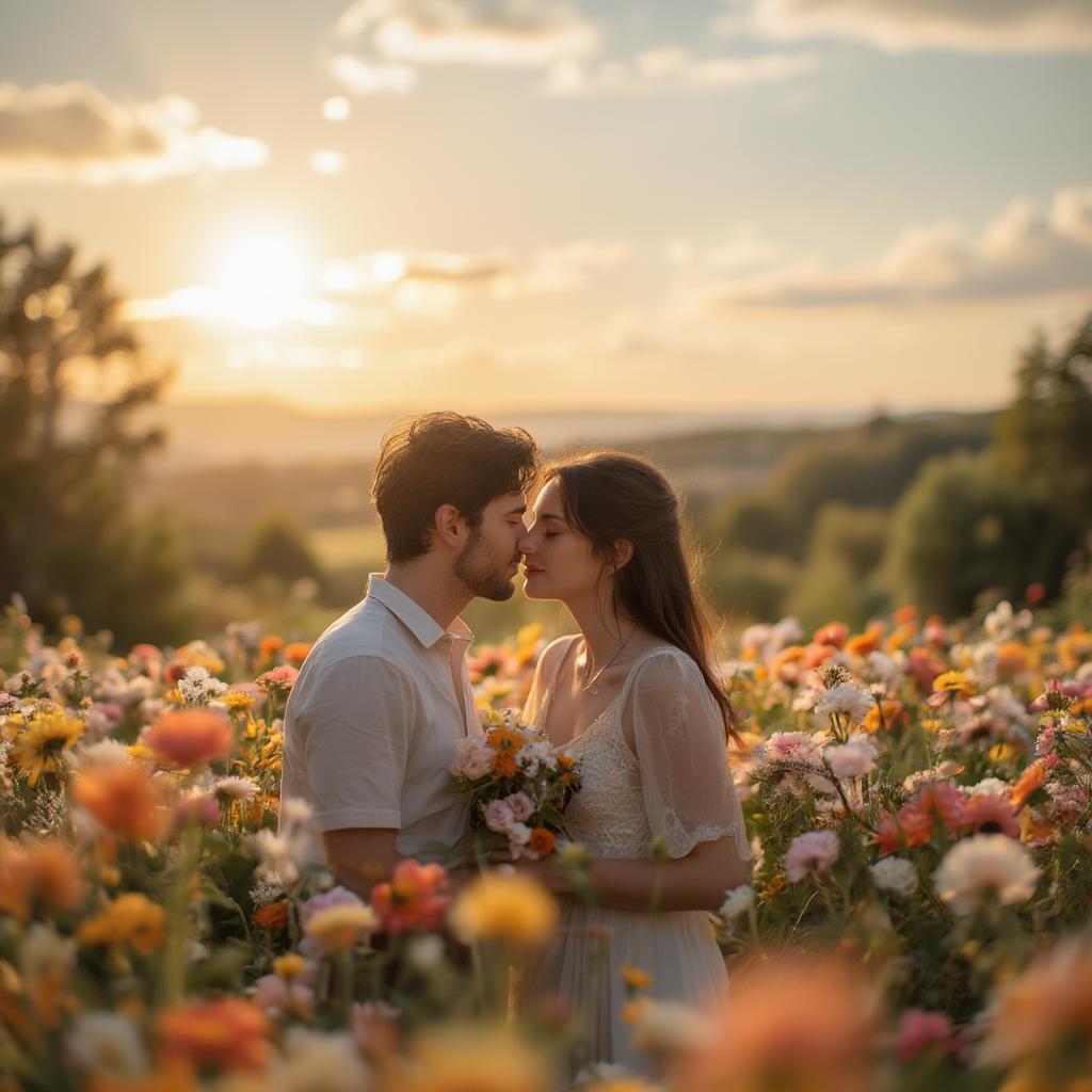 Couple Kissing in a Field of Flowers