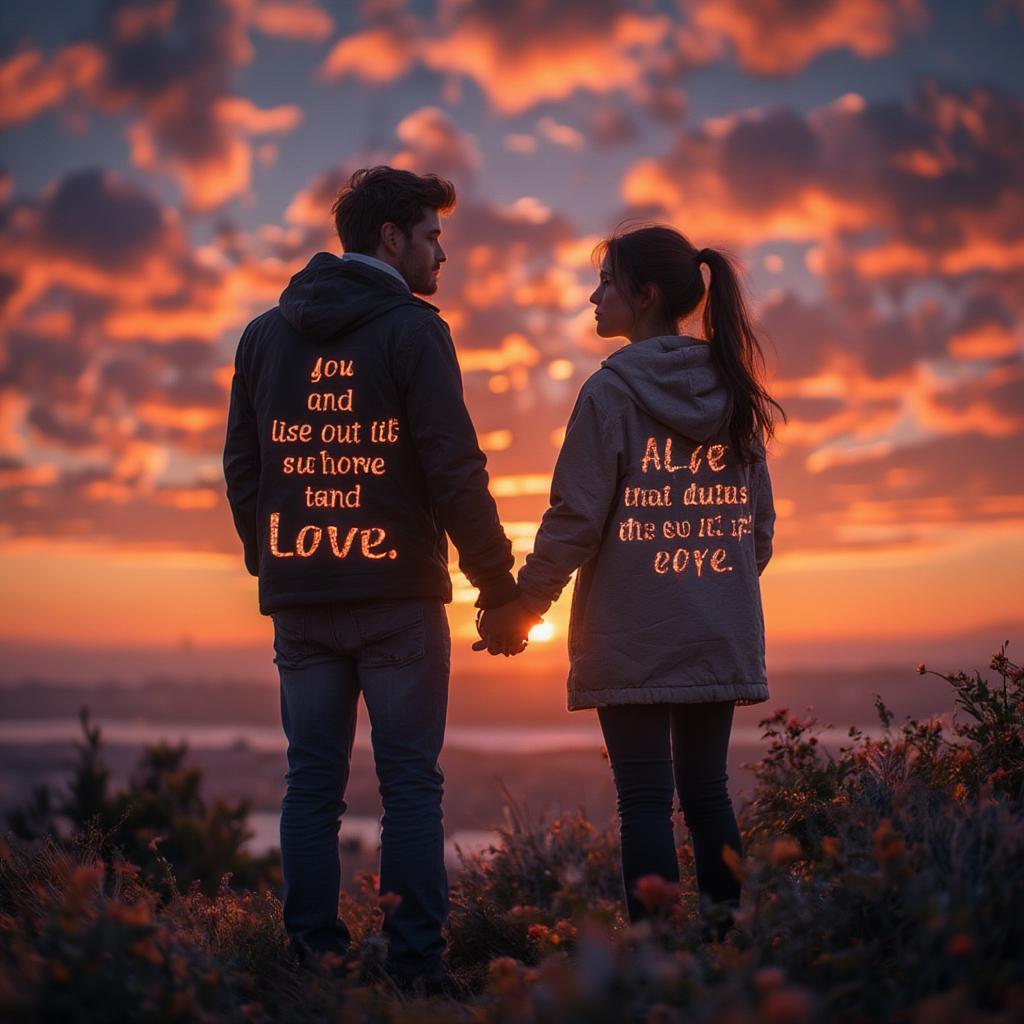 Silhouetted couple watching a sunset with a romantic love quote.