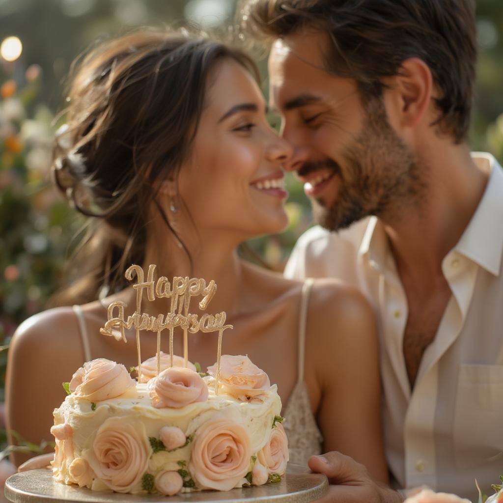 Couple celebrating anniversary with a cake