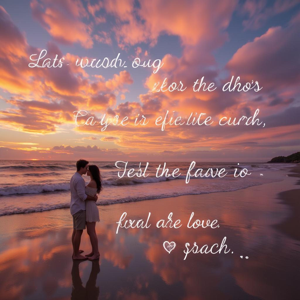 Couple embracing on a beach at sunset with romantic quotes overlaid