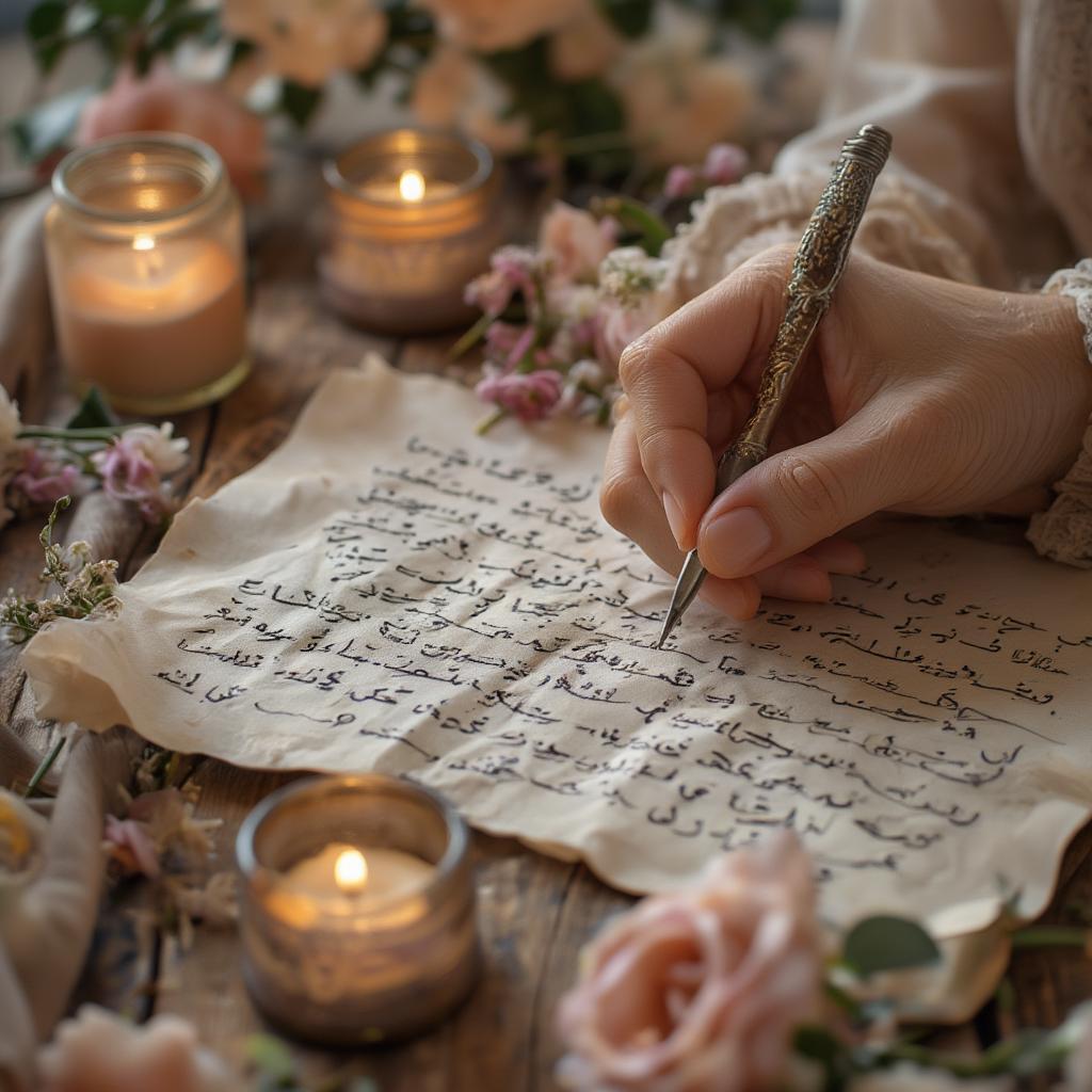 Romantic Urdu Shayari for Him: A woman writes a love letter in Urdu script, surrounded by flowers and candles.