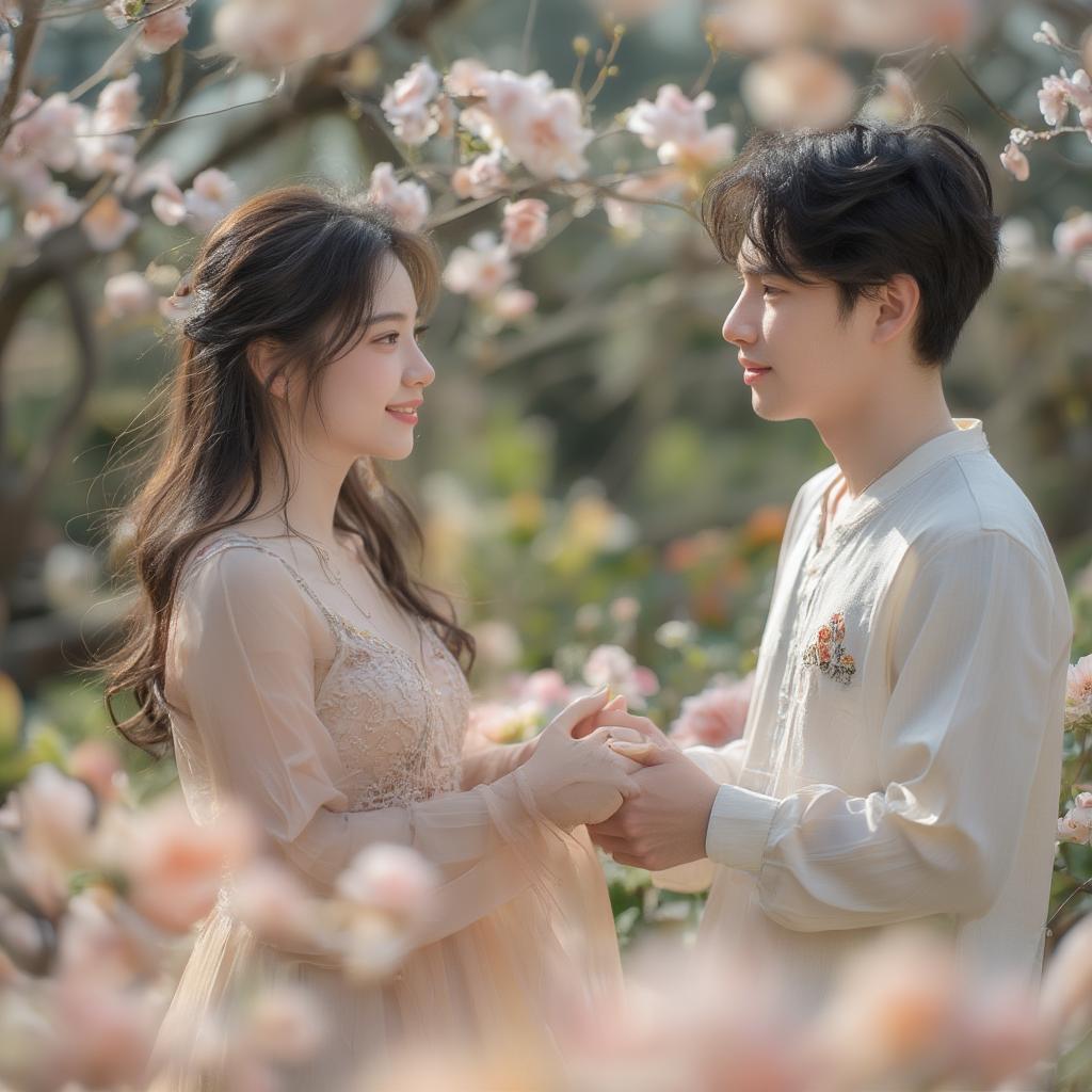 A couple holding hands and speaking Mandarin Chinese, expressing their love for each other.