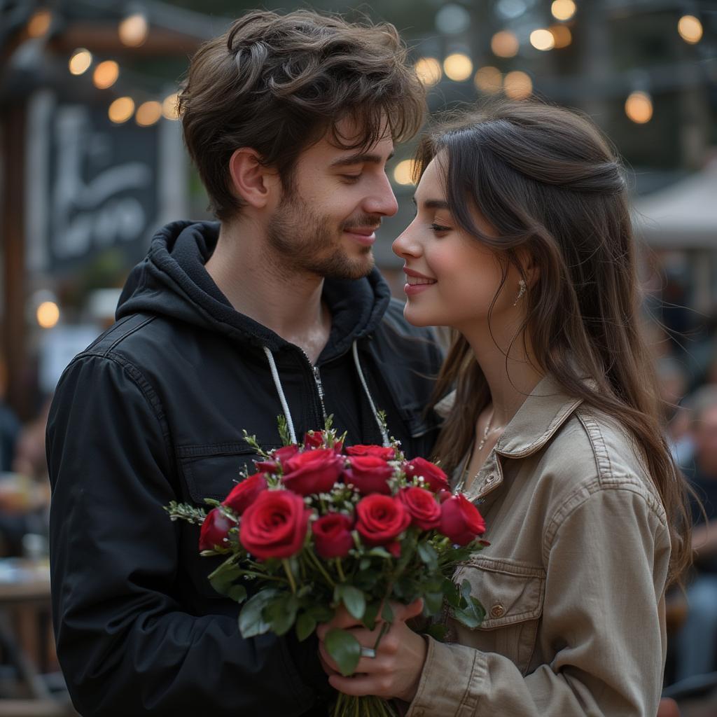 Couple Saying Te Amo with Flowers