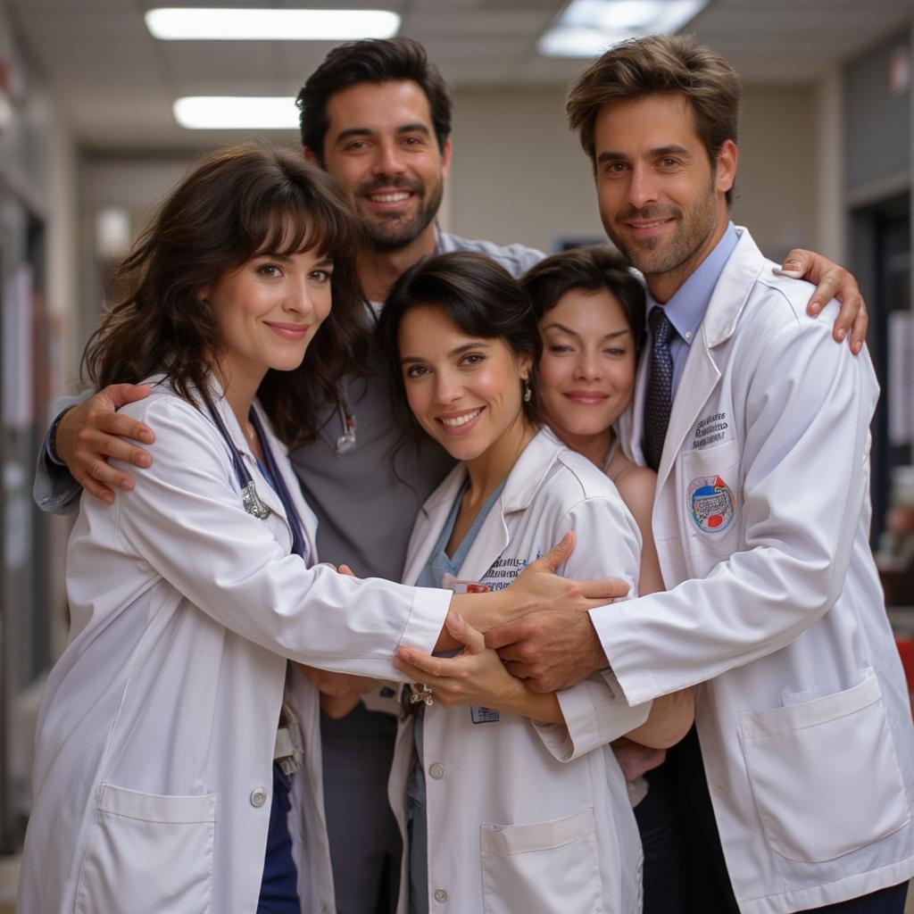 The main cast of Scrubs embracing, demonstrating the importance of friendship and platonic love.