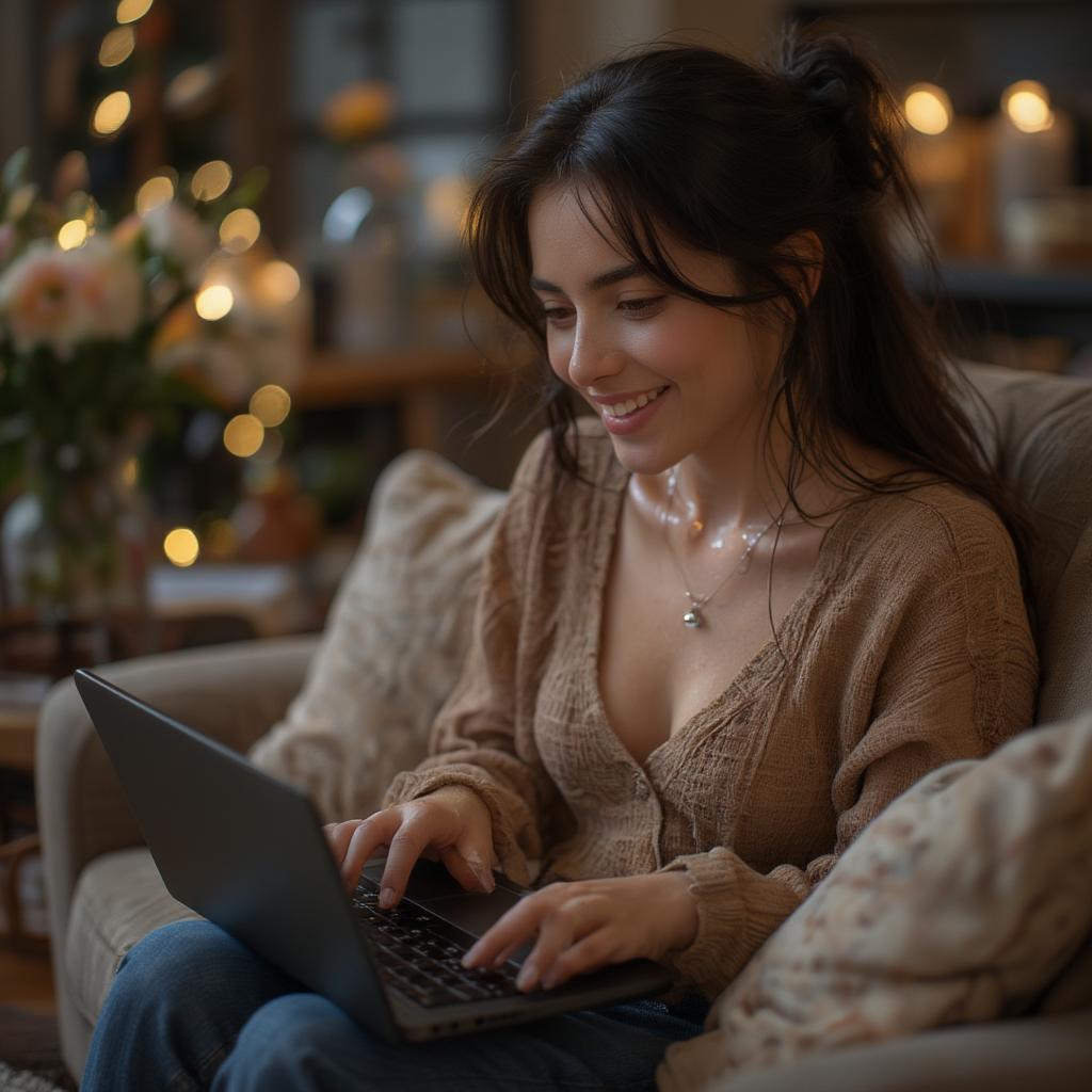 Woman Smiling at Laptop Searching for Love Quotes