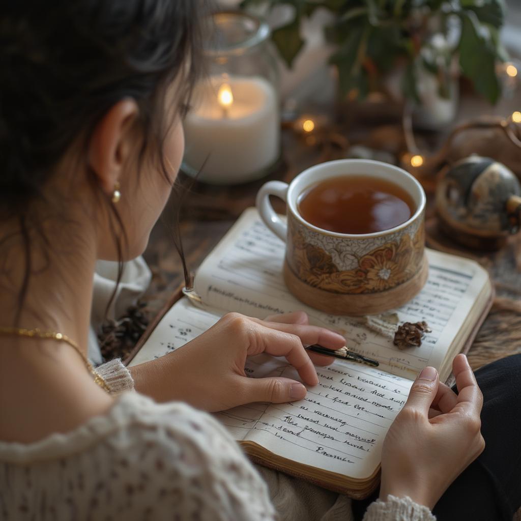 A person writing in a journal with a cup of tea and a candle.