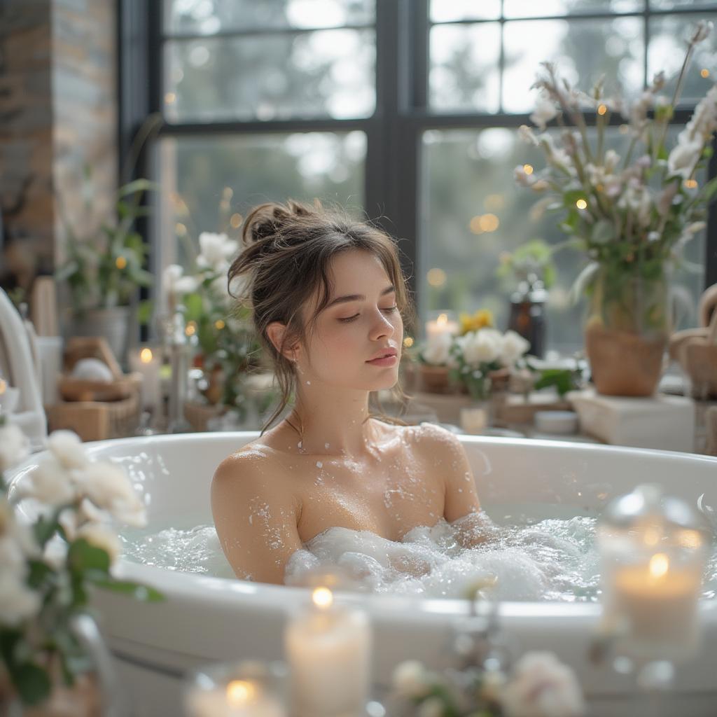 Practicing Self-Care: A person enjoys a relaxing bath with candles and essential oils, surrounded by plants.