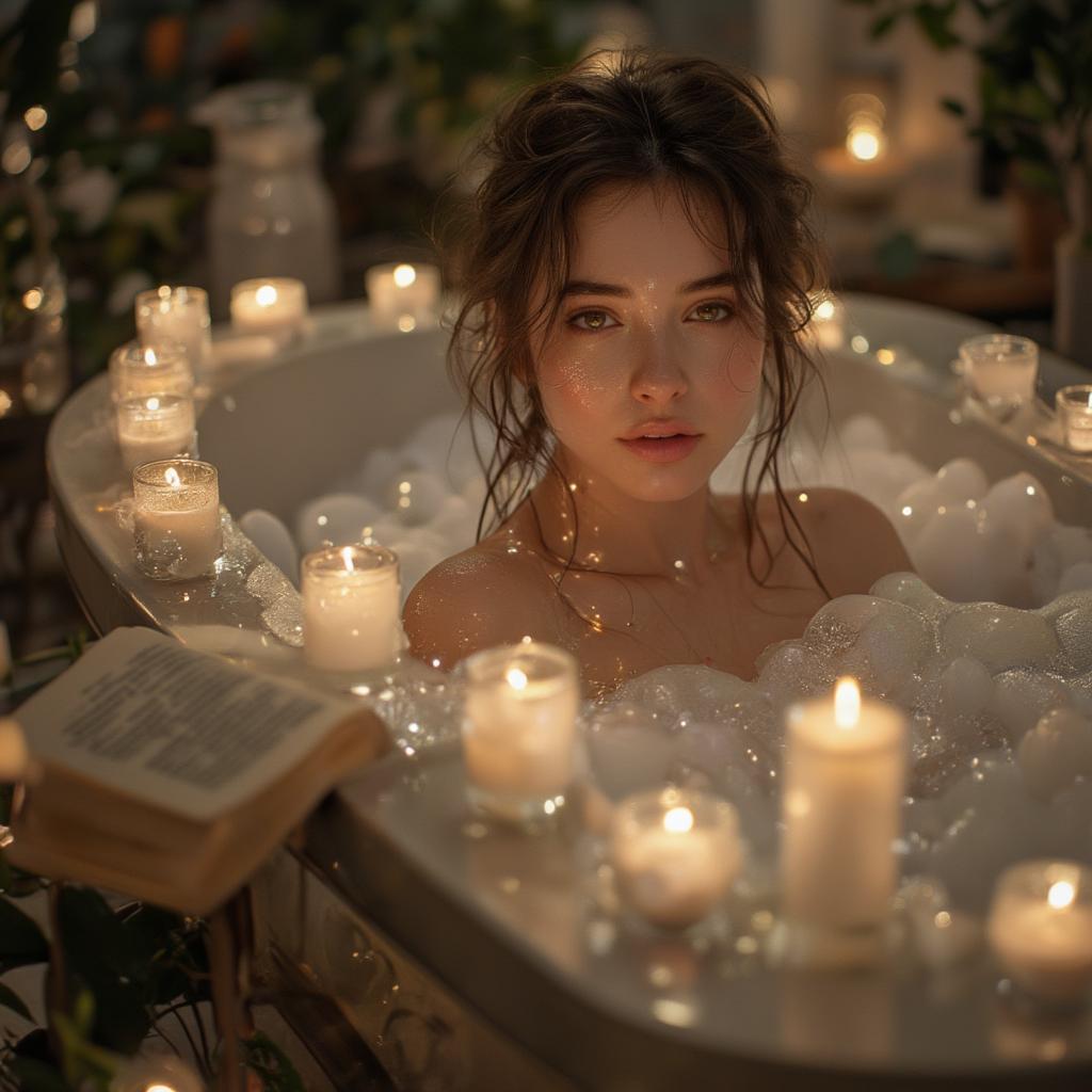 Person enjoying a relaxing bath with candles and a book.