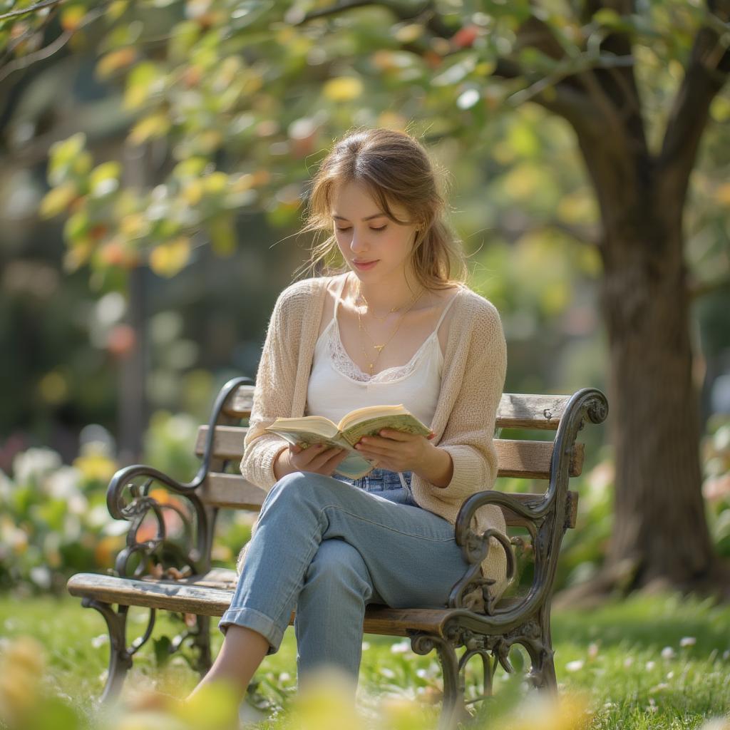 Woman enjoying self-care time reading a book in a park