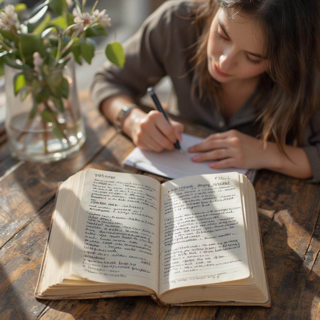 Woman writing in a journal about self-reflection and love