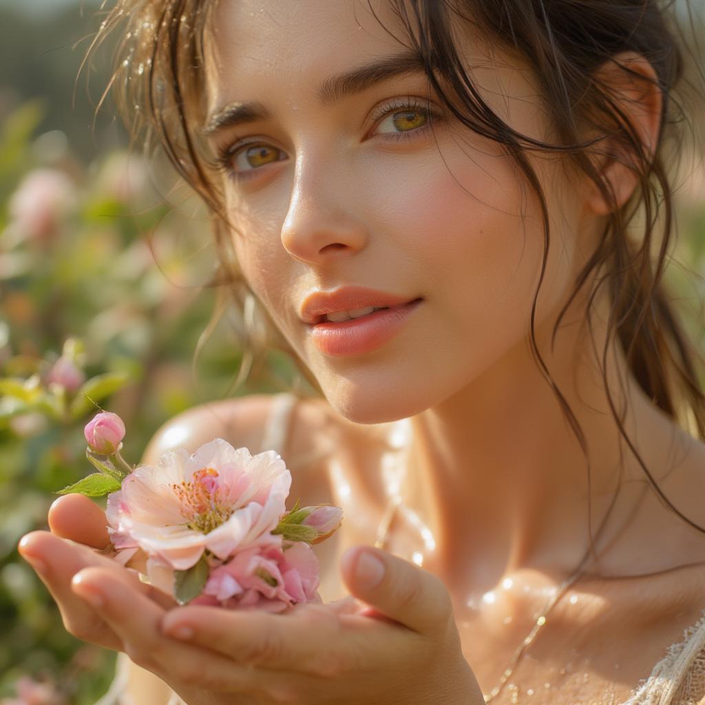 Woman holding a blooming flower, representing self-love and growth.