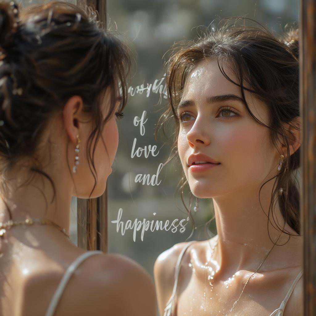 Woman looking at herself in the mirror with a self-love quote