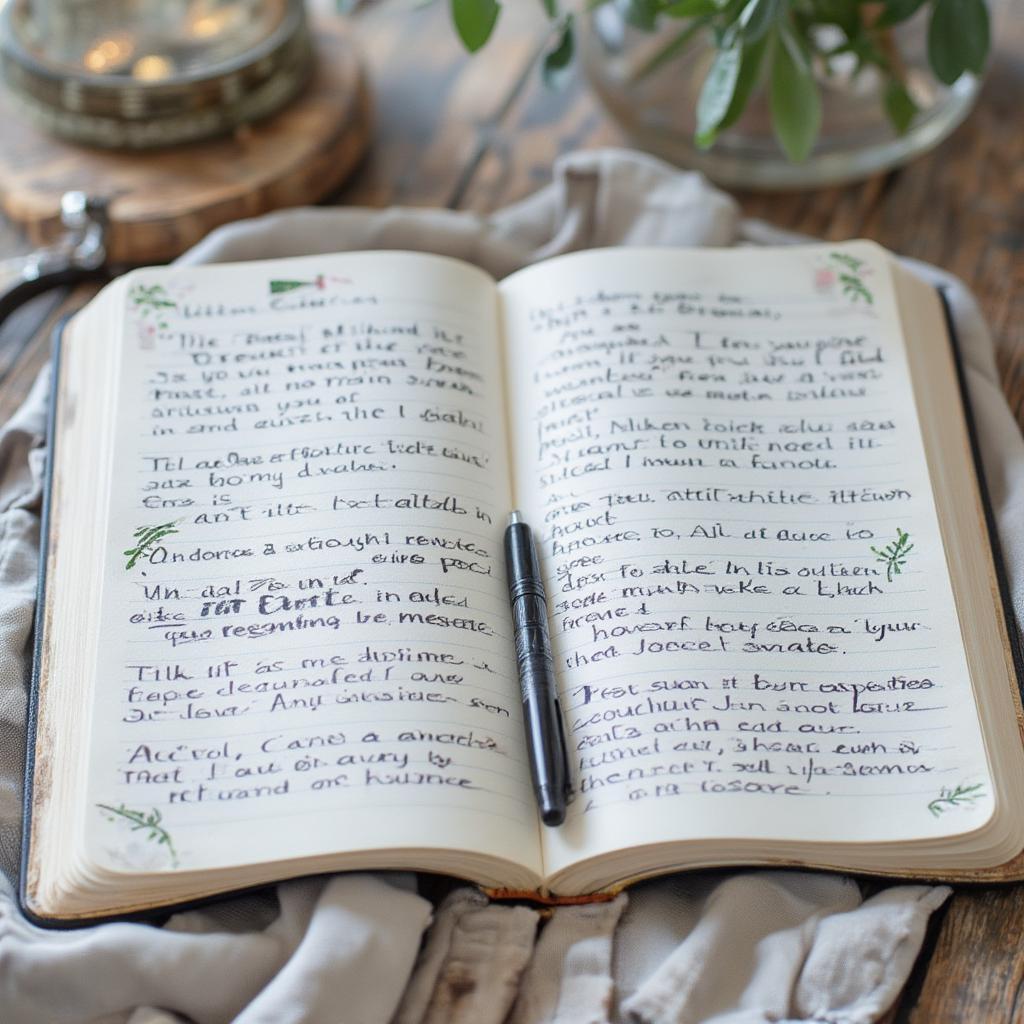 Person journaling with a pen in hand, surrounded by positive affirmations and quotes.