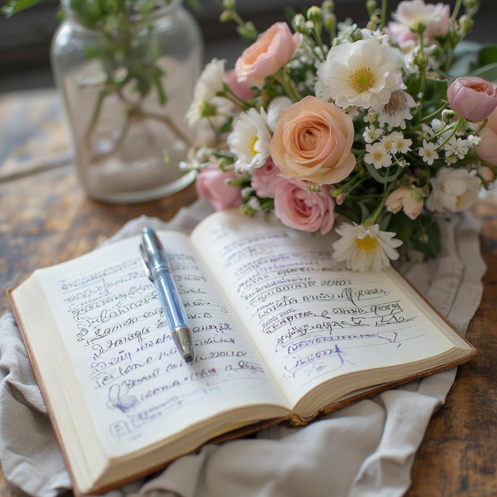 Journal open with a pen and flowers, symbolizing self-reflection and growth.