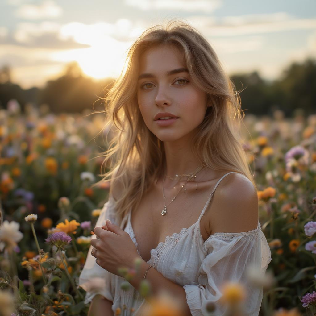 Woman embracing herself in a field of flowers