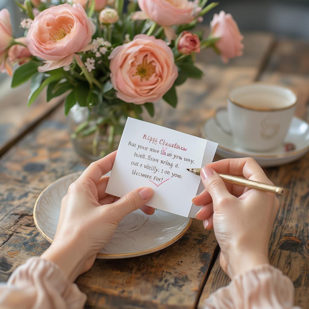 Person writing a heartfelt message on a card