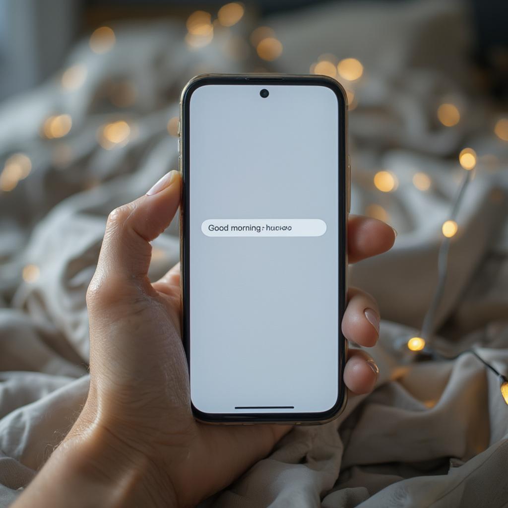 A person holding a phone, sending a good morning text message to their loved one.