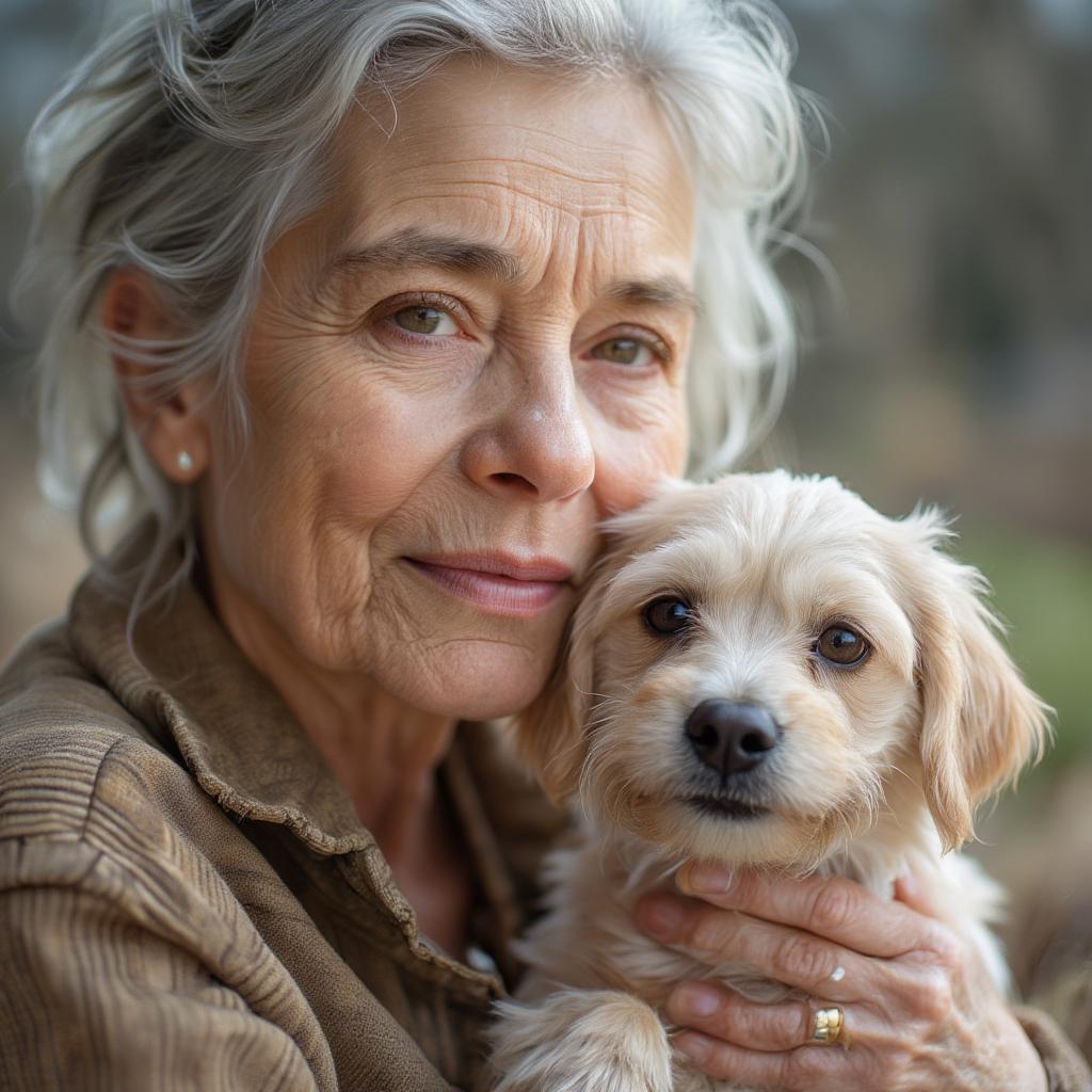 Senior woman hugging her dog