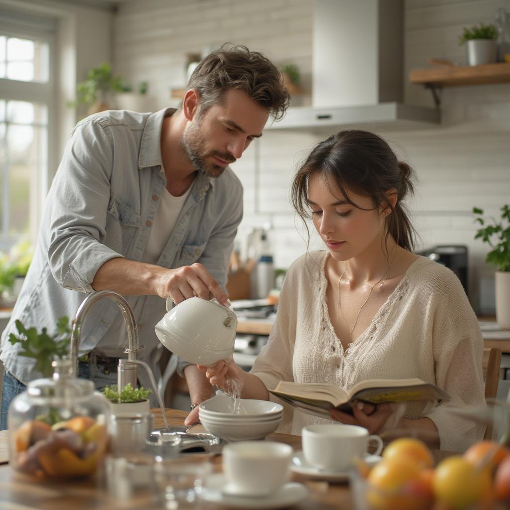 Serving Wife Selflessly: Husband doing dishes while wife relaxes