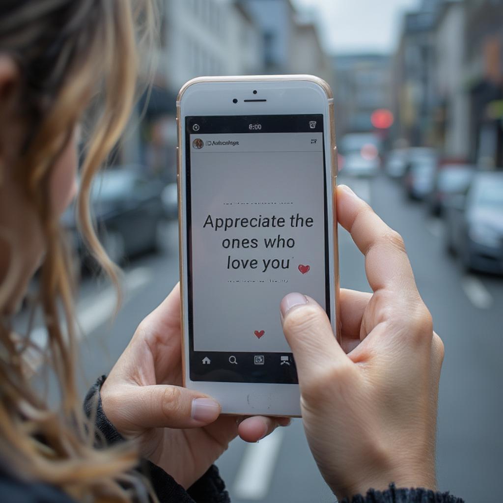 A person using a phone to share a quote about appreciation on social media.