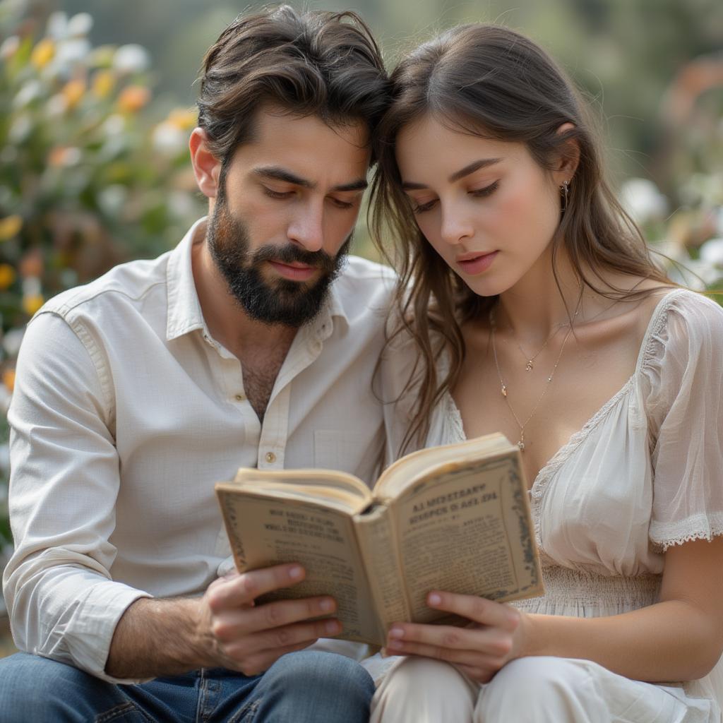 Couple reading a book of love quotes together