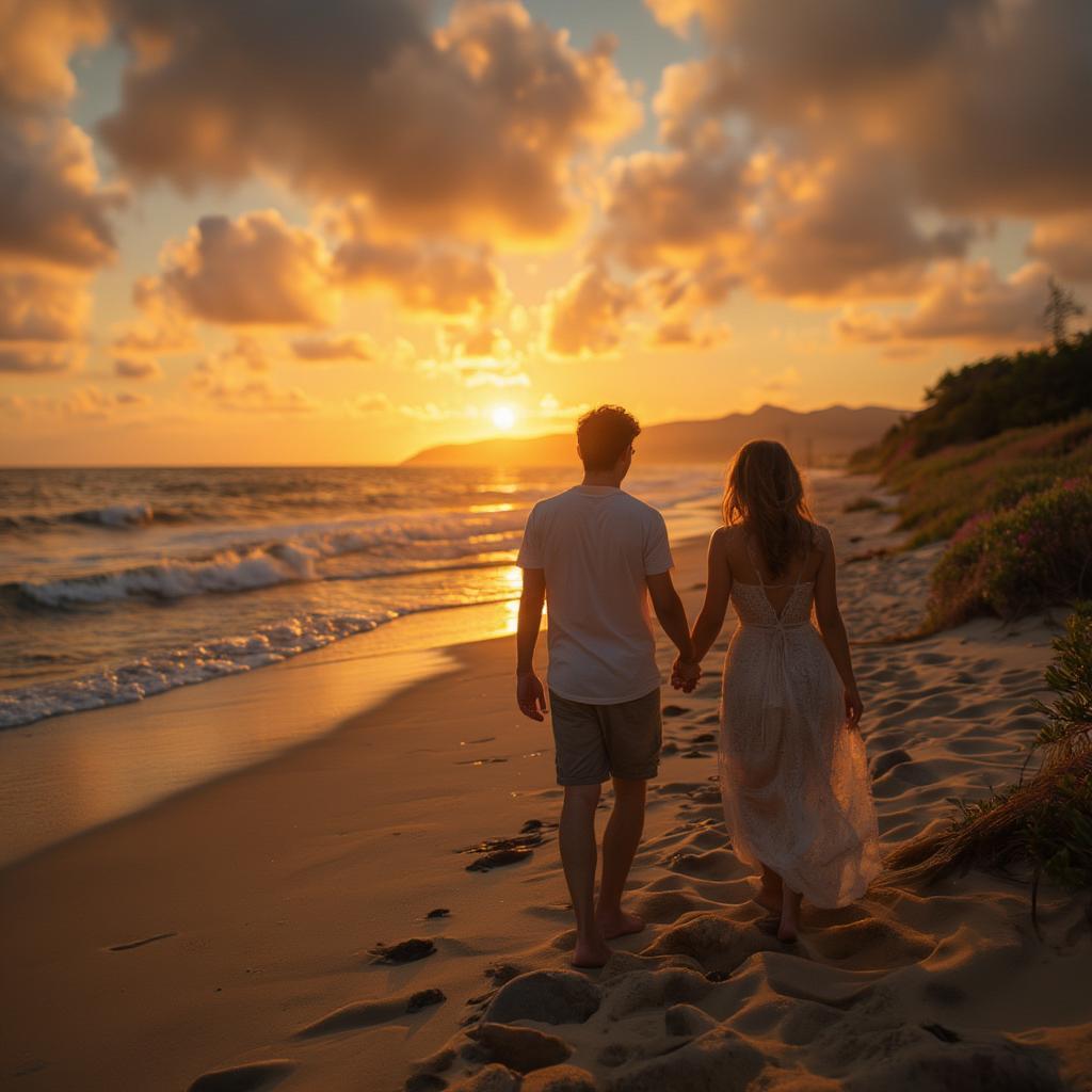 Couple Holding Hands Walking on Beach